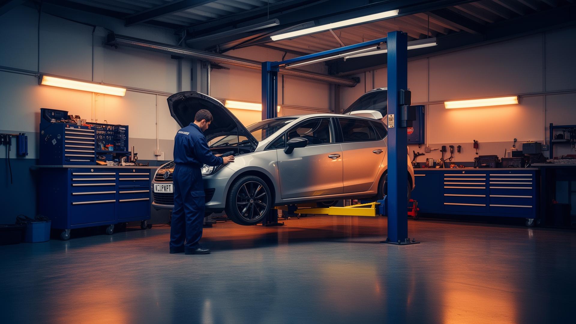 Modern UK car garage workshop with mechanic working on a vehicle